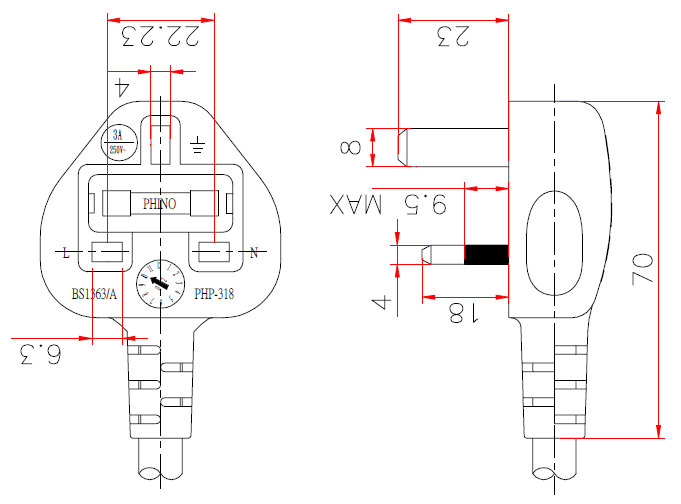 U.K. BS 1363 Angle Plug To IEC 60320 C13 Connector, 3-Pin AC Power Cord ...